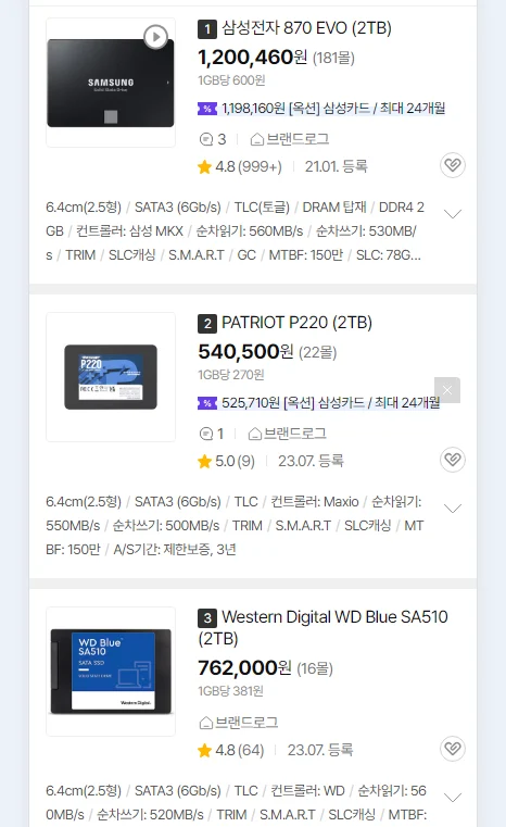 와 ssd 가격 이거 뭐임? 2테라 사려니까 100만원이 넘어서..